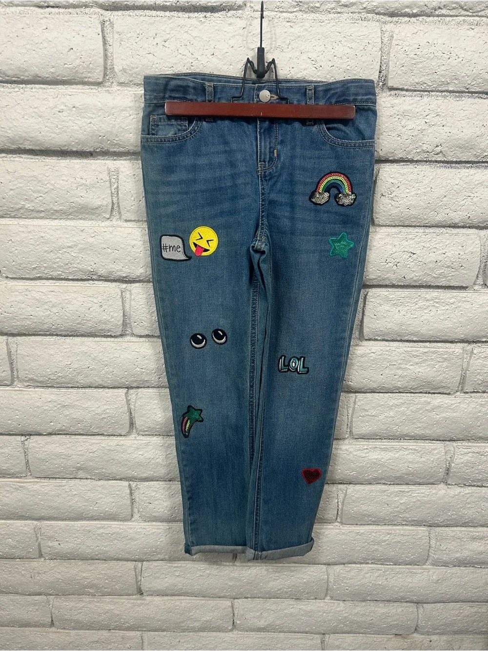 The Children's Place Girls Jeans Size 10 Patch Denim Emoji Rainbow Heart NWT